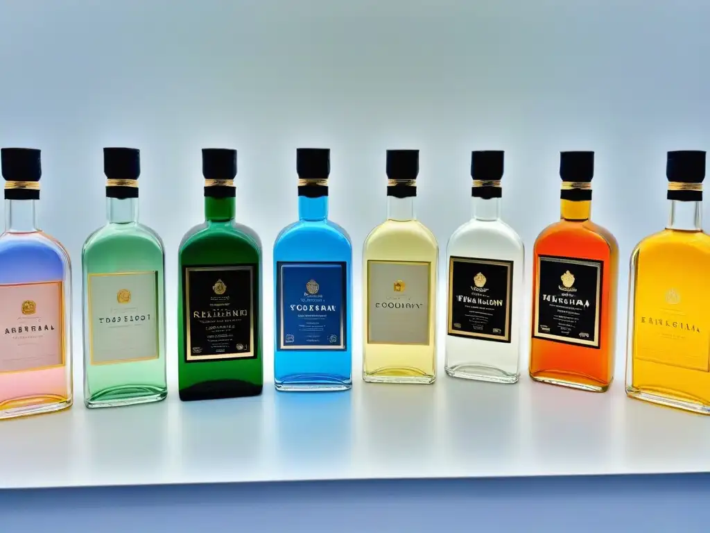 Bottles de alcohol vibrantes y elegantes para repostería Elegantes botellas de alcohol para repostería, colores vibrantes y etiquetas detalladas en primer plano