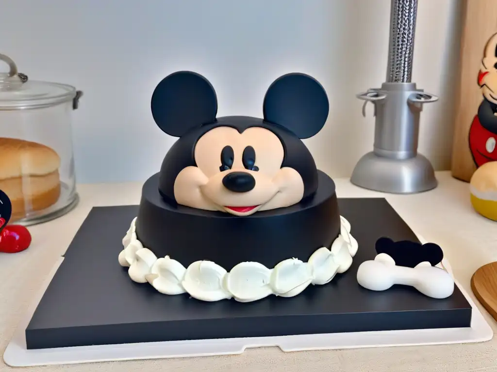 Utensilios de cocina Mickey Mouse: detalle y elegancia en tu hogar Elegantes utensilios de repostería Mickey Mouse en cocina negra, tendencia en diseño