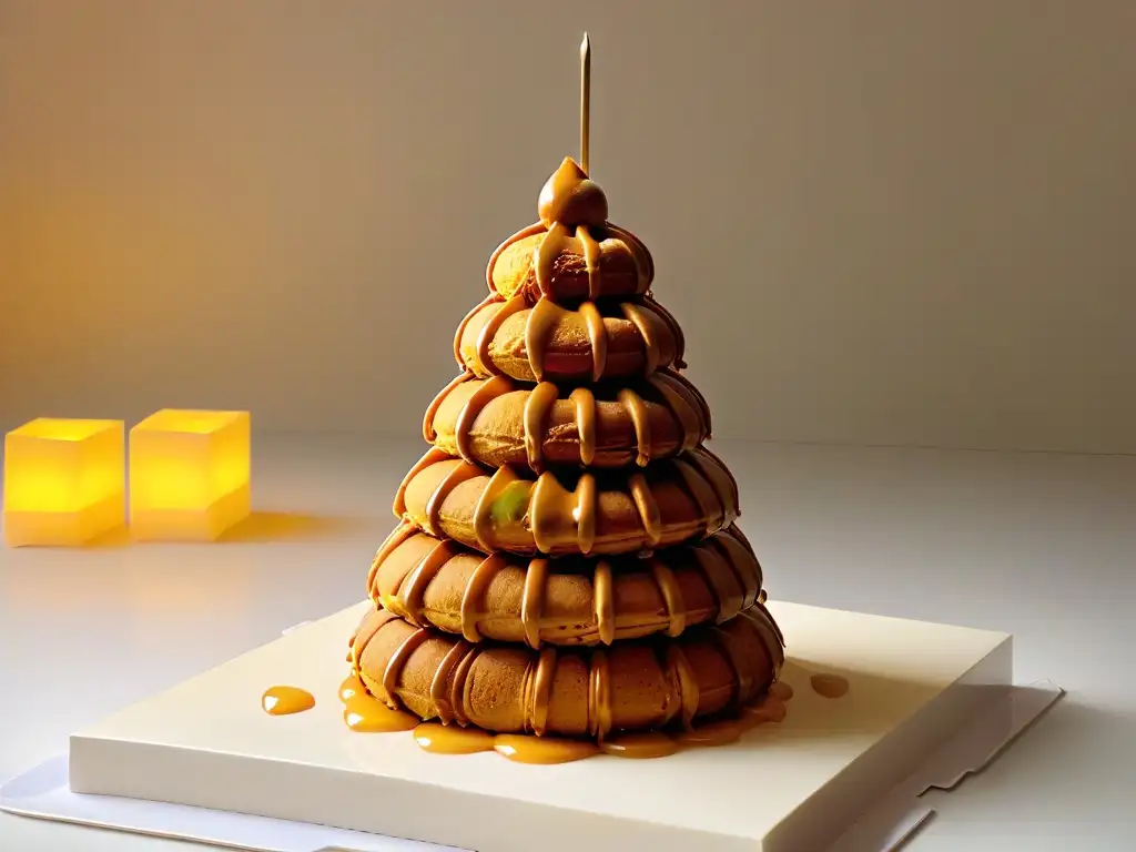 Julia Child embajadora del arte de la repostería: una exquisita croquembouche dorada y brillante, una obra maestra de la pastelería francesa