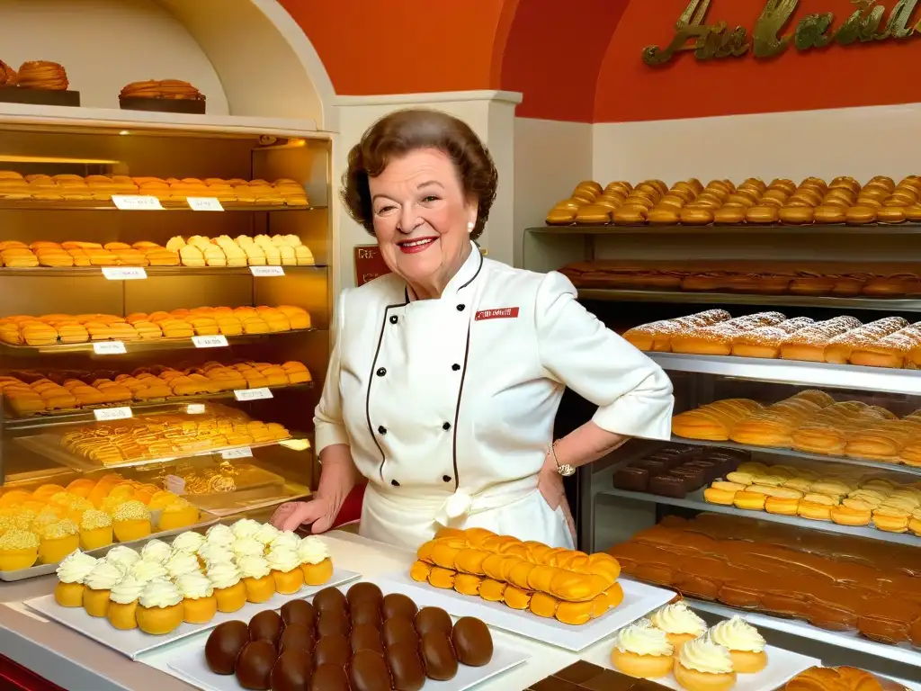 Julia Child, embajadora del arte de la repostería, deleitando a un grupo diverso en una pastelería francesa