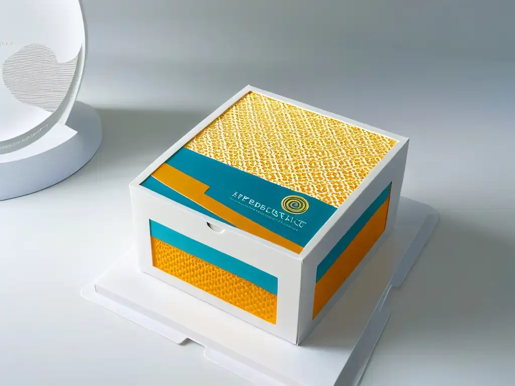 Diseño de packaging de postres: elegancia geométrica en colores vibrantes Empaquetado temático postres merchandising: diseño moderno y elegante con patrones geométricos vibrantes y logo sutil en relieve