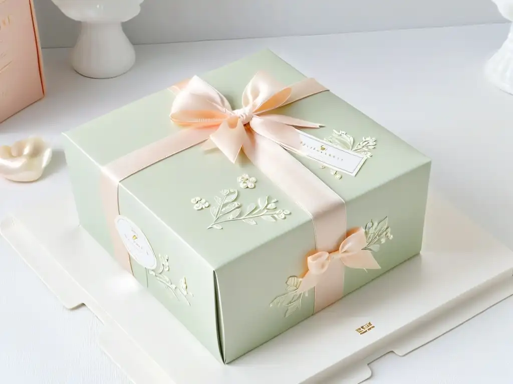 Dulce elegancia: caja de postres envuelta con lazos de lujo Empaquetado temático postres merchandising: Caja de postres elegante con colores pastel y lazos de satén