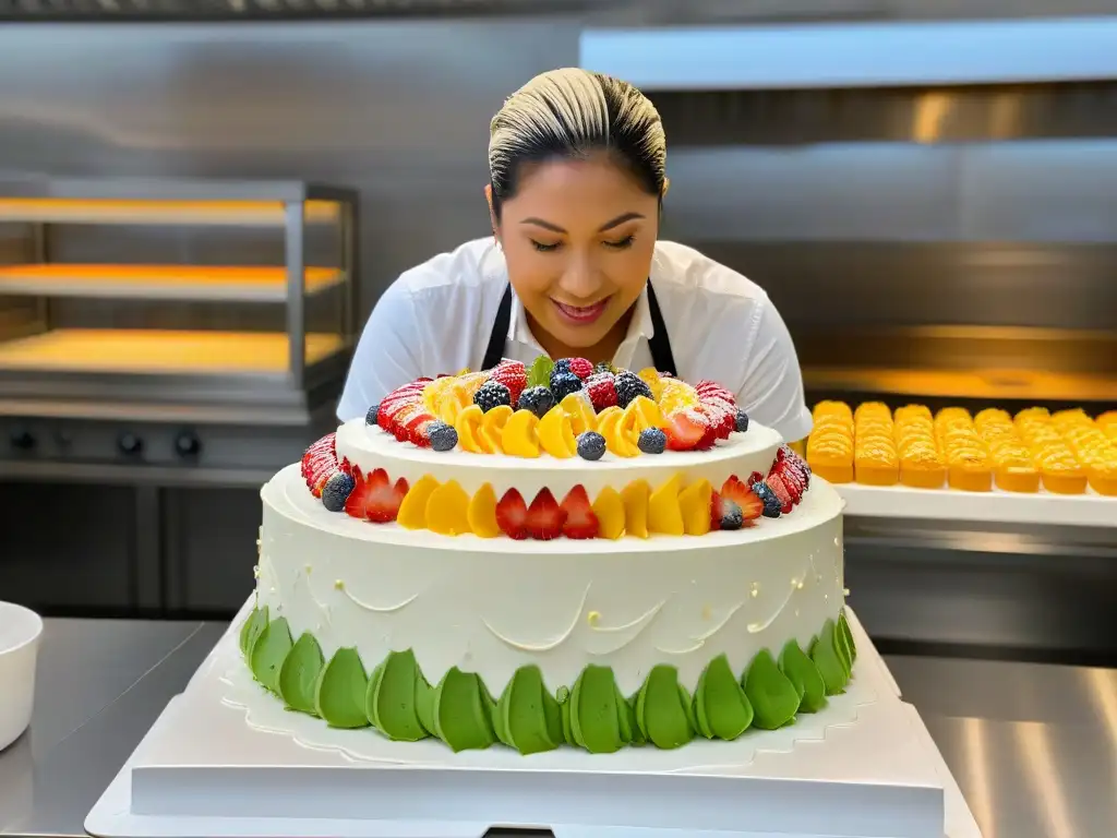 Emprendimientos repostería personas discapacidad: Persona con discapacidad decorando una tarta con pasión en una cocina moderna y luminosa