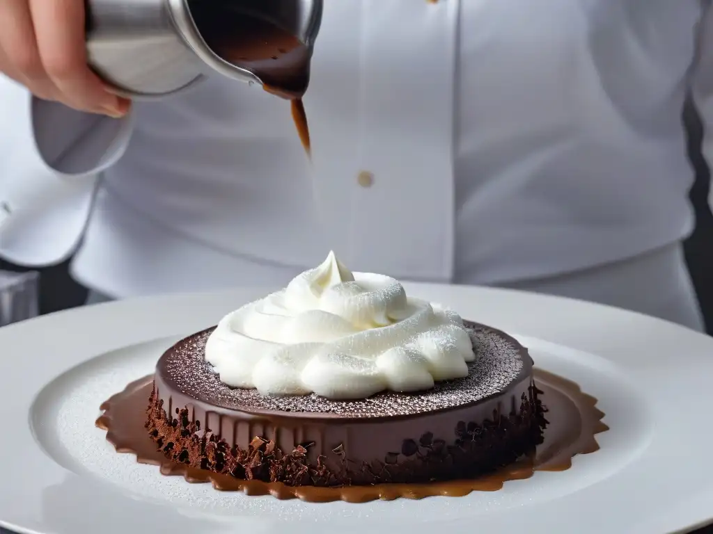 Emulsiones y foams para postres: Detalle de emulsión de chocolate sobre espuma ligera en cocina moderna