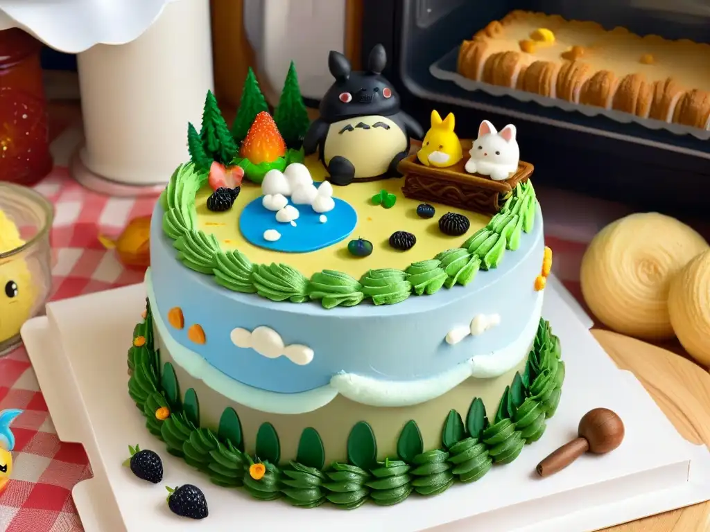 Un encantador escenario de repostería inspirado en Studio Ghibli, con utensilios repostería anime Studio Ghibli y criaturas mágicas