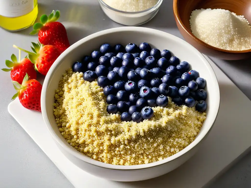 Encantador mostrador de mármol blanco con quinoa, fresas y arándanos frescos