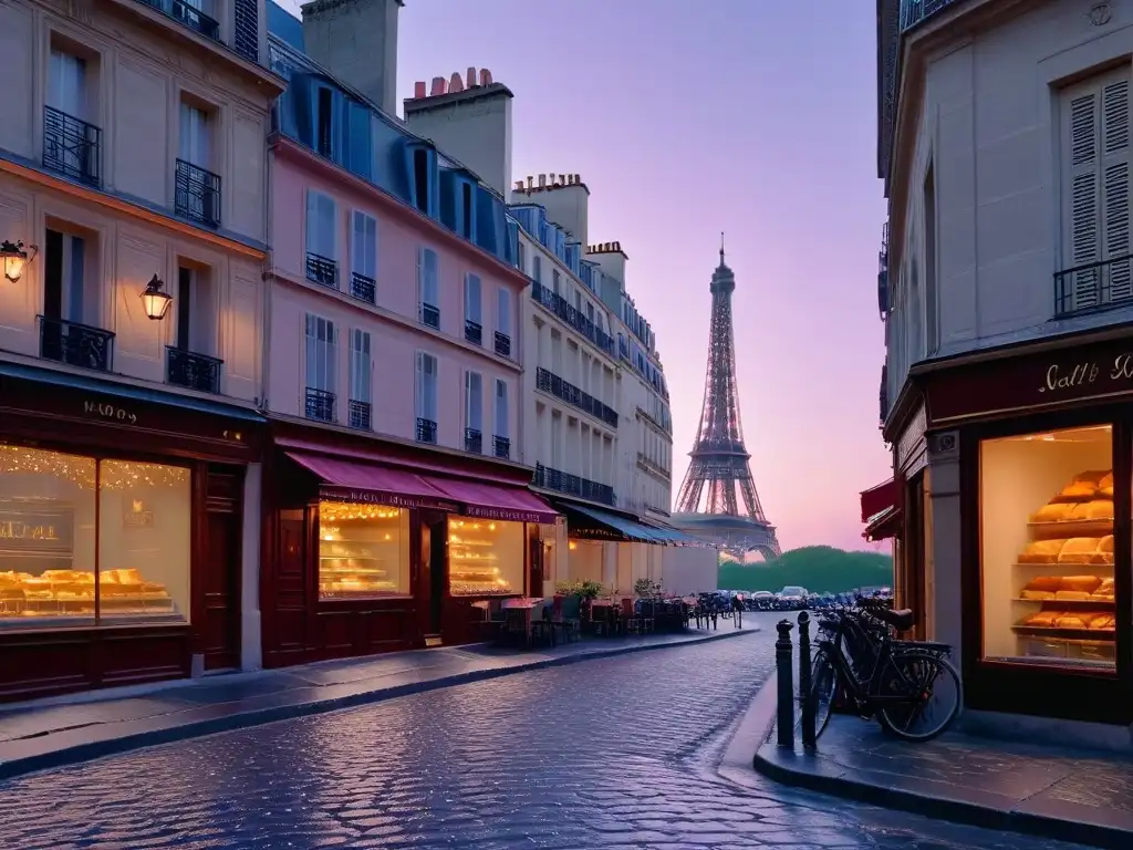 Encantadora calle parisina al amanecer con una pastelería tradicional y la Torre Eiffel de fondo