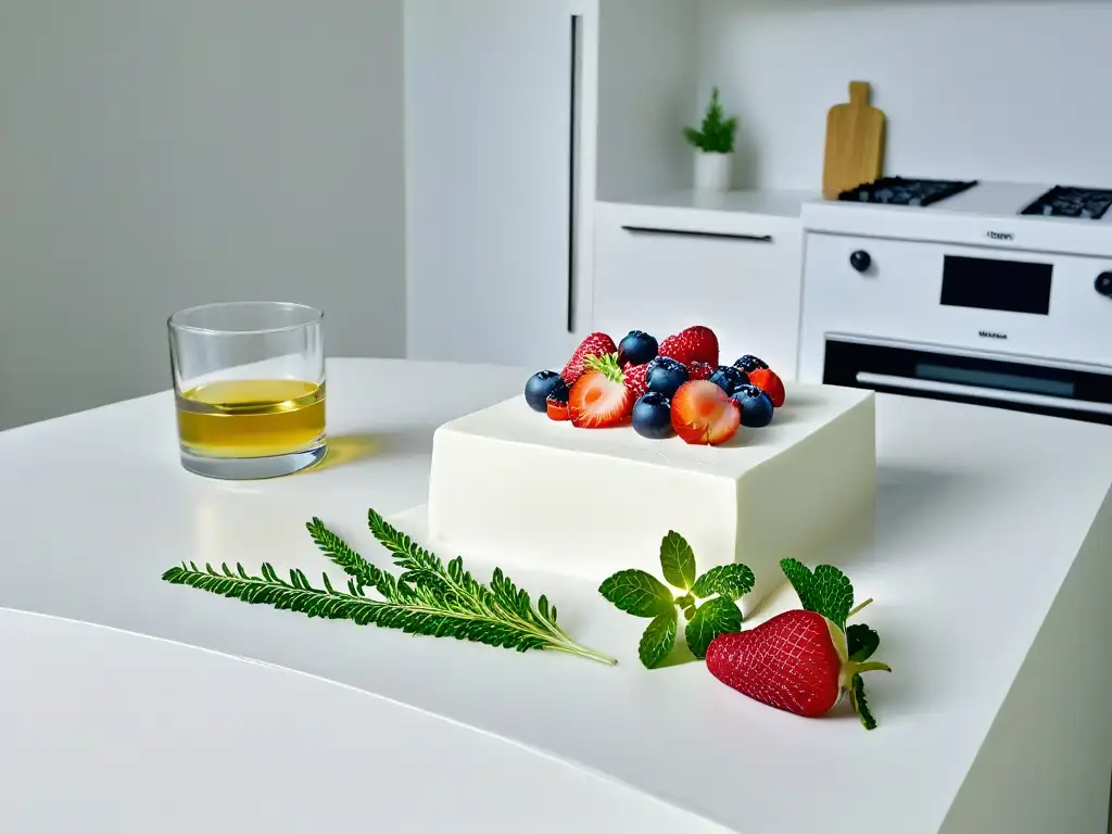 Encantadora cocina blanca con frutas frescas y hierbas, contrastando colores y texturas naturales, destacando aditivos en repostería y animales