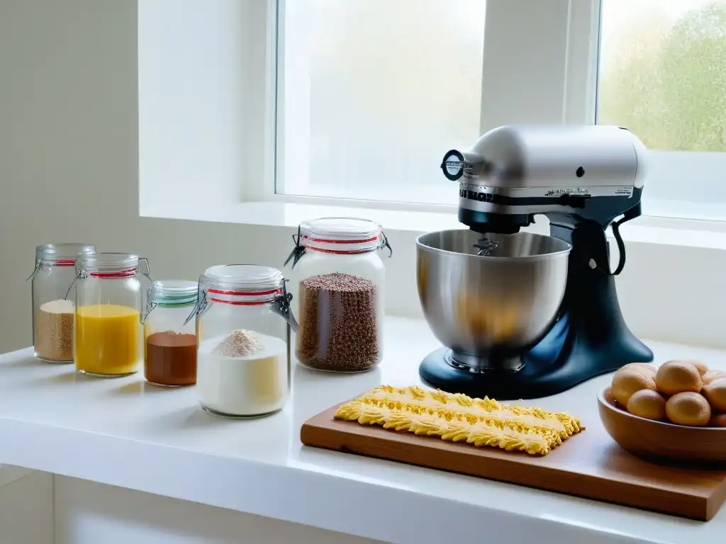 Encantadora cocina blanca con ingredientes de repostería sin gluten en frascos de vidrio, listos para certificaciones repostería sin gluten online