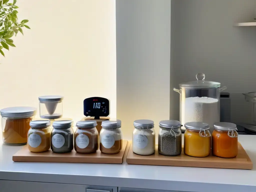 Cocina blanca con fermentos naturales y libros veganos Una encantadora cocina blanca con repostería vegana con levaduras naturales, libros de cocina y báscula digital