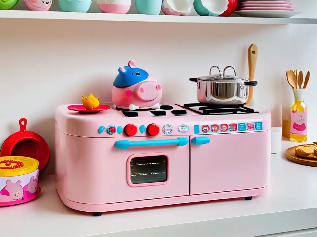 Una encantadora cocina blanca con utensilios de cocina Peppa Pig en tonos vibrantes, ideal para chefs jóvenes y sus padres