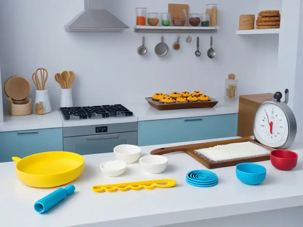 Encantadora cocina blanca con utensilios de repostería coloridos para niños en disposición atractiva