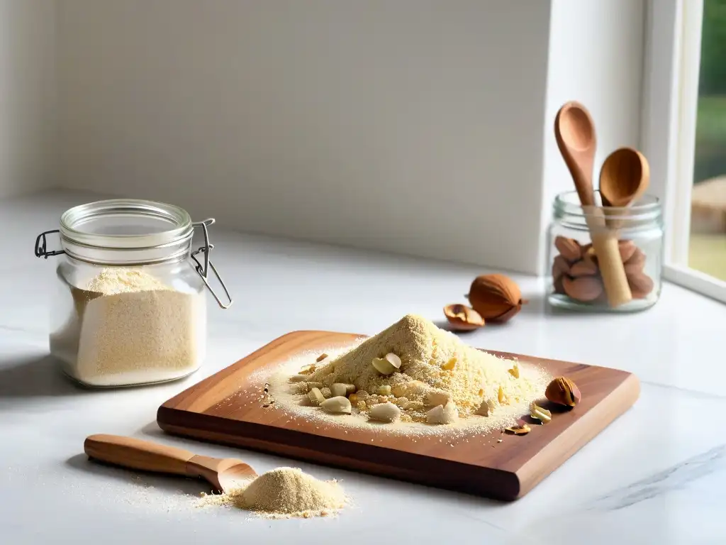 Una encantadora cocina de mármol blanco con harina de almendras, almendras enteras y un rodillo de madera vintage