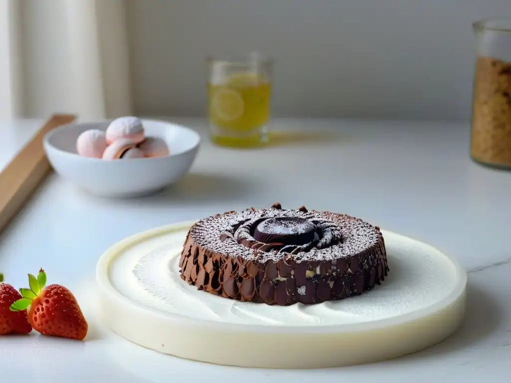 Encantadora cocina con encimera de mármol blanco, bol de mezcla plateado y coloridos ingredientes frescos