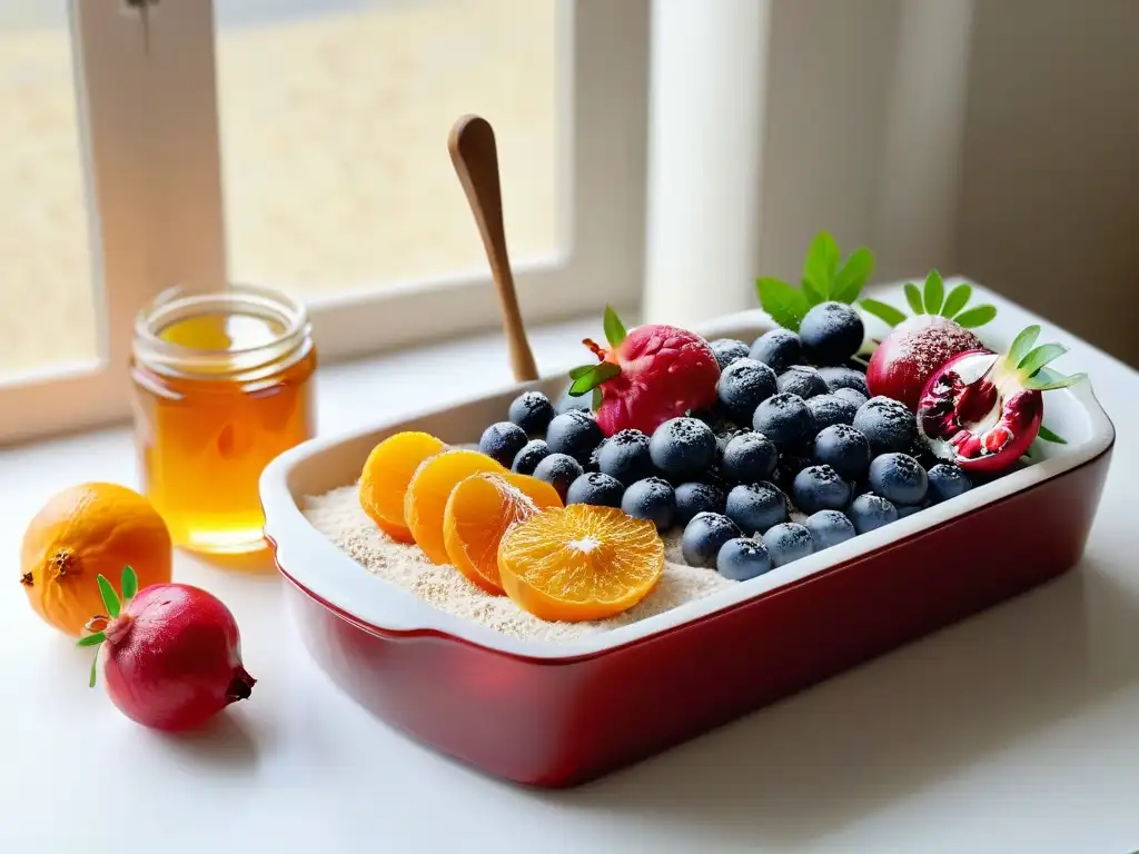 Encantadora cocina con frutas coloridas, harina integral y miel, ideal para inspiración en repostería saludable