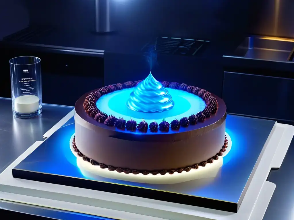 Una encantadora cocina futurista con Realidad Aumentada en repostería, mostrando ingredientes virtuales y pasos para hornear un pastel