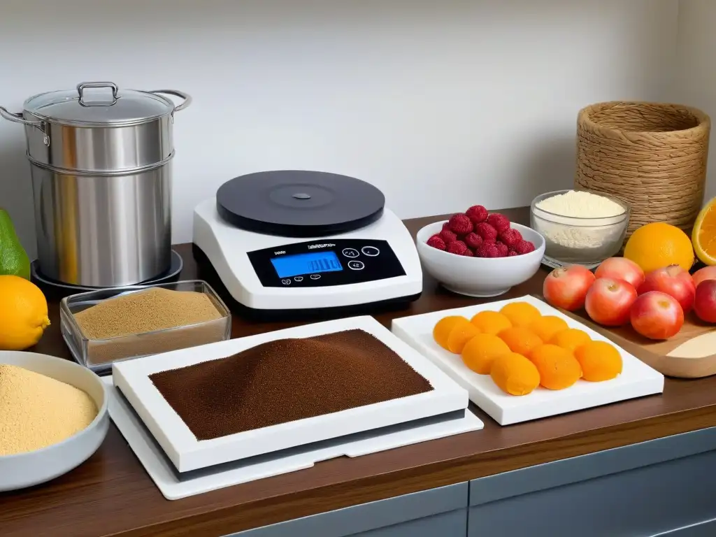 Cocina minimalista con ingredientes para postres saludables Una encantadora cocina minimalista con ingredientes de repostería para diabéticos organizados de forma precisa y saludable