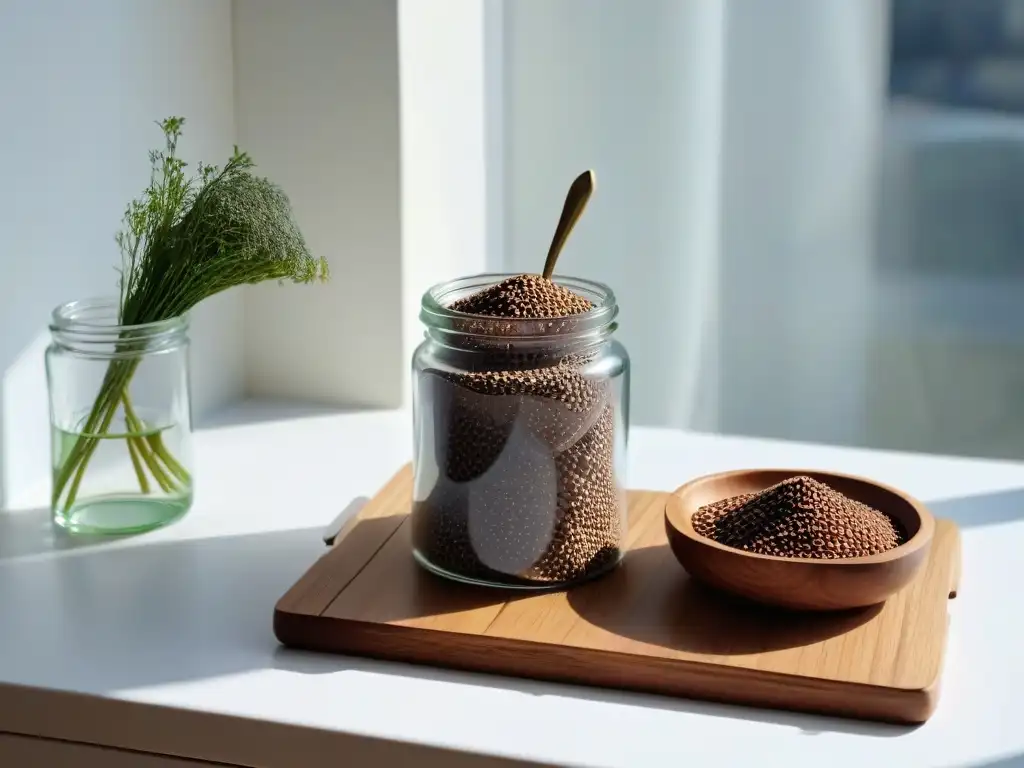 Una encantadora cocina minimalista con semillas de chía y lino, ideal para repostería vegana con sustitutos de huevo
