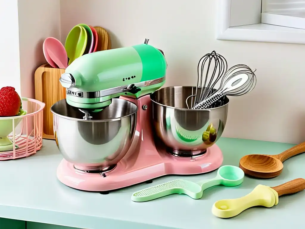 Encantadora cocina minimalista con utensilios repostería retro años 80 en colores pastel y vibrantes, iluminada por luz natural