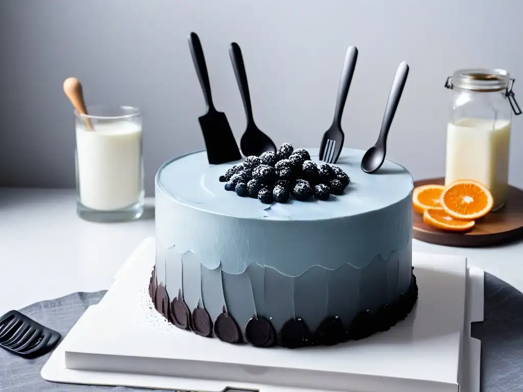 Encantadora cocina moderna con utensilios de repostería en tonos plateados y negros, ideal para receta pastel Minecraft gamers