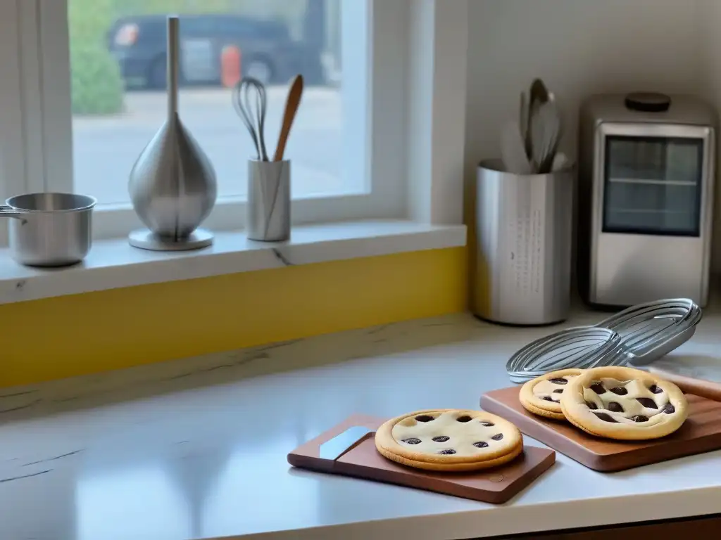 Una encantadora cocina de mármol con utensilios de repostería