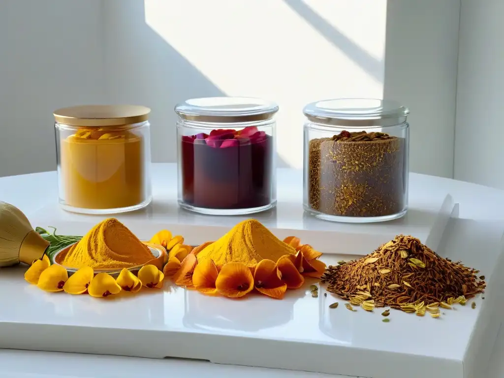 Exóticos ingredientes de repostería en cocina minimalista Una encantadora composición de ingredientes especiales para repostería en un elegante y minimalista mostrador de cocina
