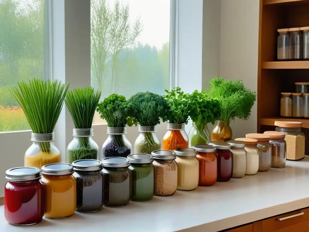 Una encantadora escena de cocina con harinas alternativas orgánicas y vegetales frescos