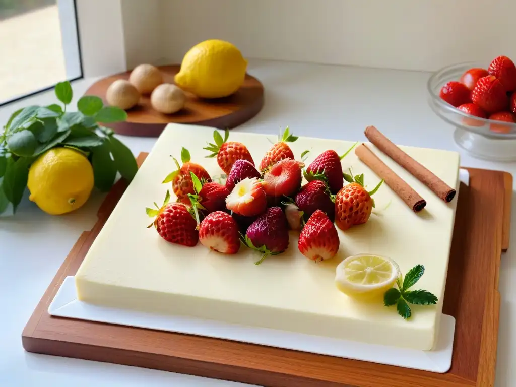 Una encantadora escena de cocina con ingredientes frescos para repostería, resplandeciendo en la luz natural