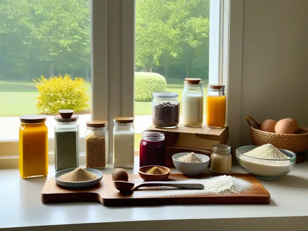 Una encantadora escena de ingredientes de repostería sostenible en una cocina moderna, realzada por la luz natural