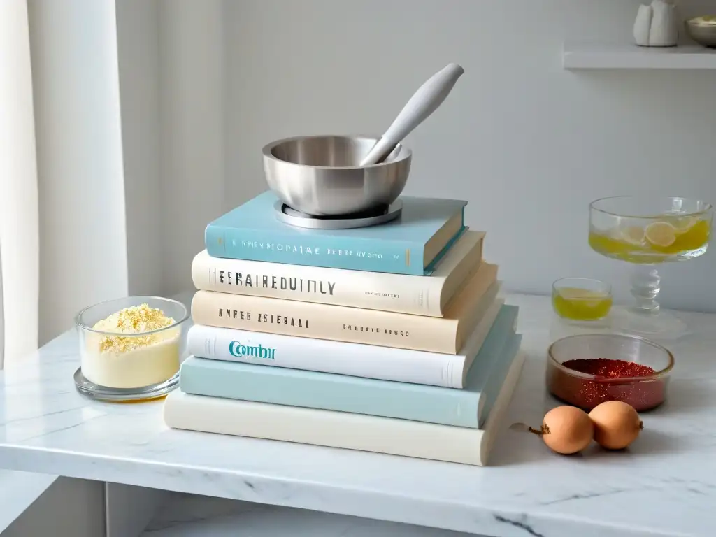 Una encantadora escena de libros de repostería imprescindibles, junto a un elegante mortero y una cocina impecable