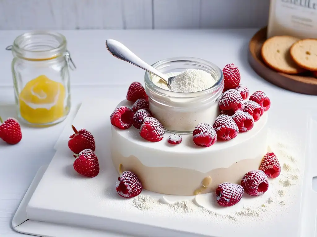 Encantadora escena keto: encimera de mármol con ingredientes vibrantes Encantadora escena de repostería keto con harinas bajas carbohidratos
