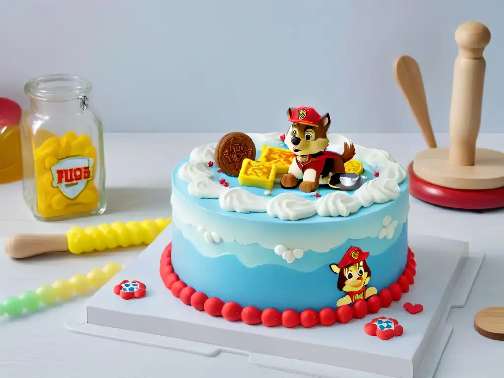 Una encantadora escena de repostería Paw Patrol con productos licenciados en un mostrador minimalista