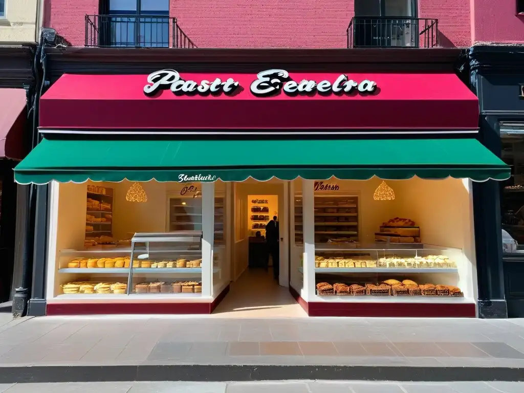 Encantadora pastelería 'Éxito' con clientes felices y exquisitos postres en escaparate