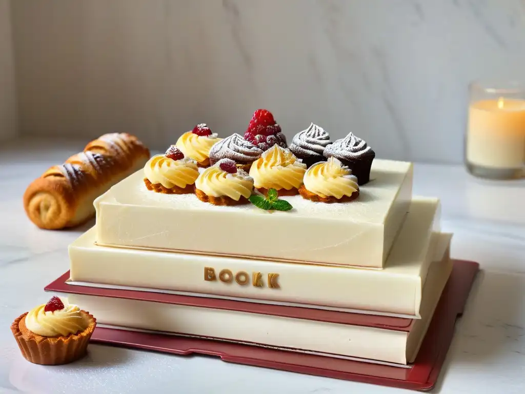 Una encantadora selección de libros de repostería con recetas de postres rápidos, sobre un elegante mostrador de mármol blanco