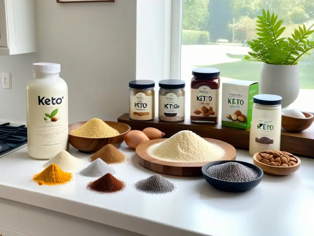 Encantadora cocina vegana keto para inspirar tus creaciones Una encantadora vista de ingredientes veganos keto para repostería en una cocina minimalista