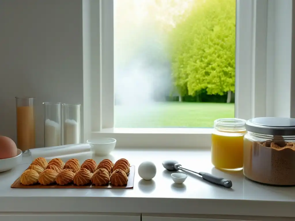 Encimera de cocina blanca impecable con herramientas e ingredientes de repostería, bañados en luz natural