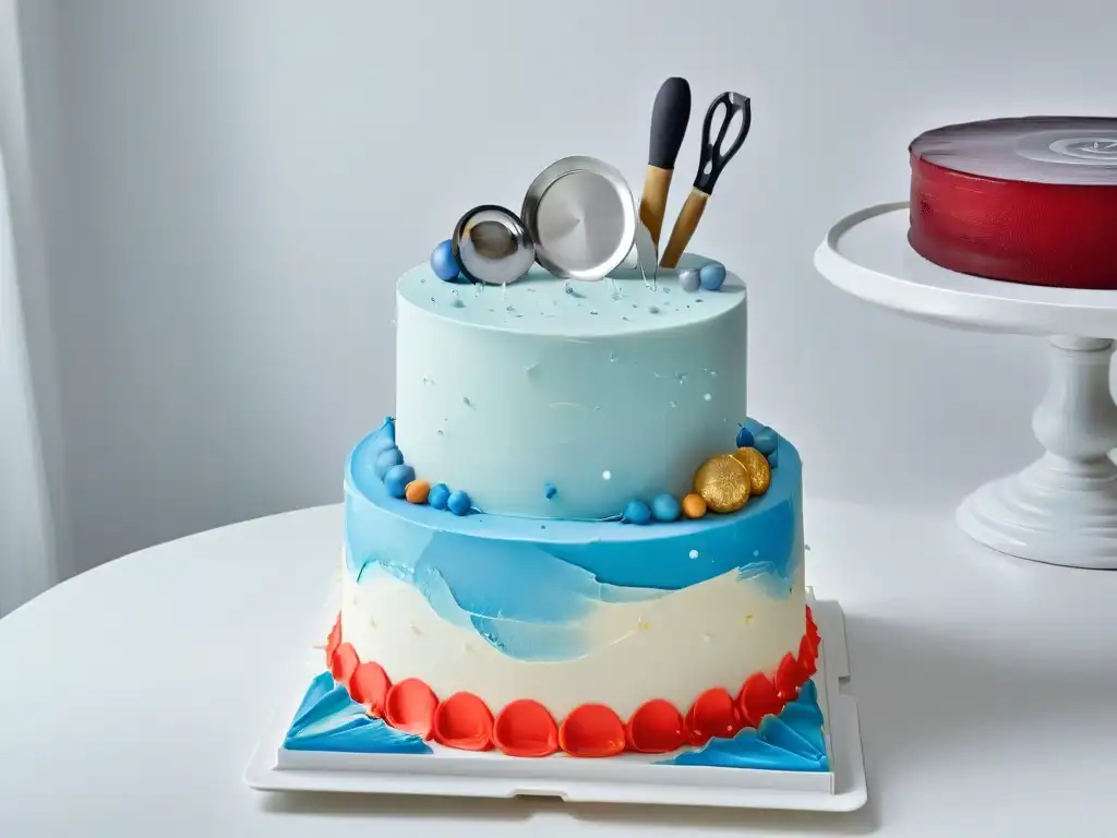 Encimera de cocina moderna con fondant, glitter comestible y utensilios para tartas temáticas, inspirando creatividad técnica