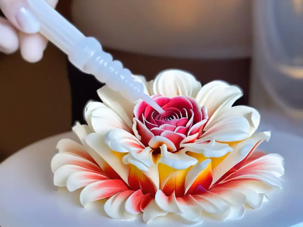 Escultura de azúcar: arte florido en manos expertas Transformación endulzante en repostería: manos expertas moldean con precisión un delicado adorno de azúcar en forma de flor
