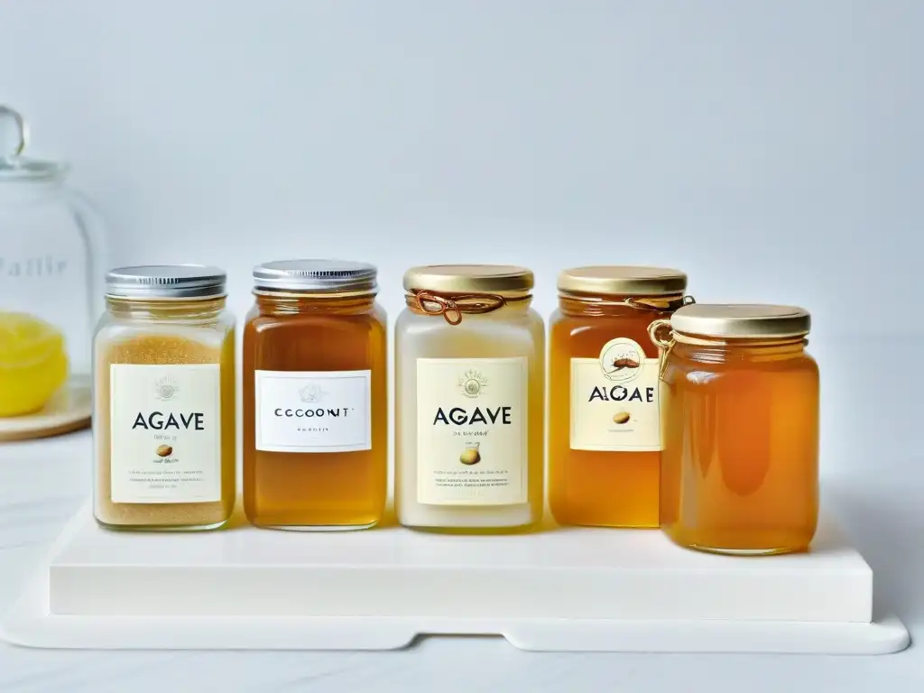 Delicadas alternativas veganas: agave, coco y maple en frascos Endulzantes naturales para repostería vegana en frascos de vidrio con etiquetas escritas a mano, sobre un suave degradado pastel