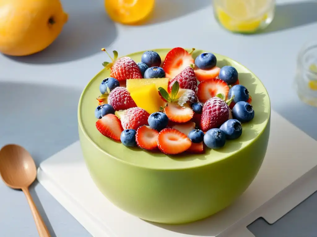 Una ensalada de frutas vibrante y colorida en un bol blanco moderno, perfectamente dispuesta