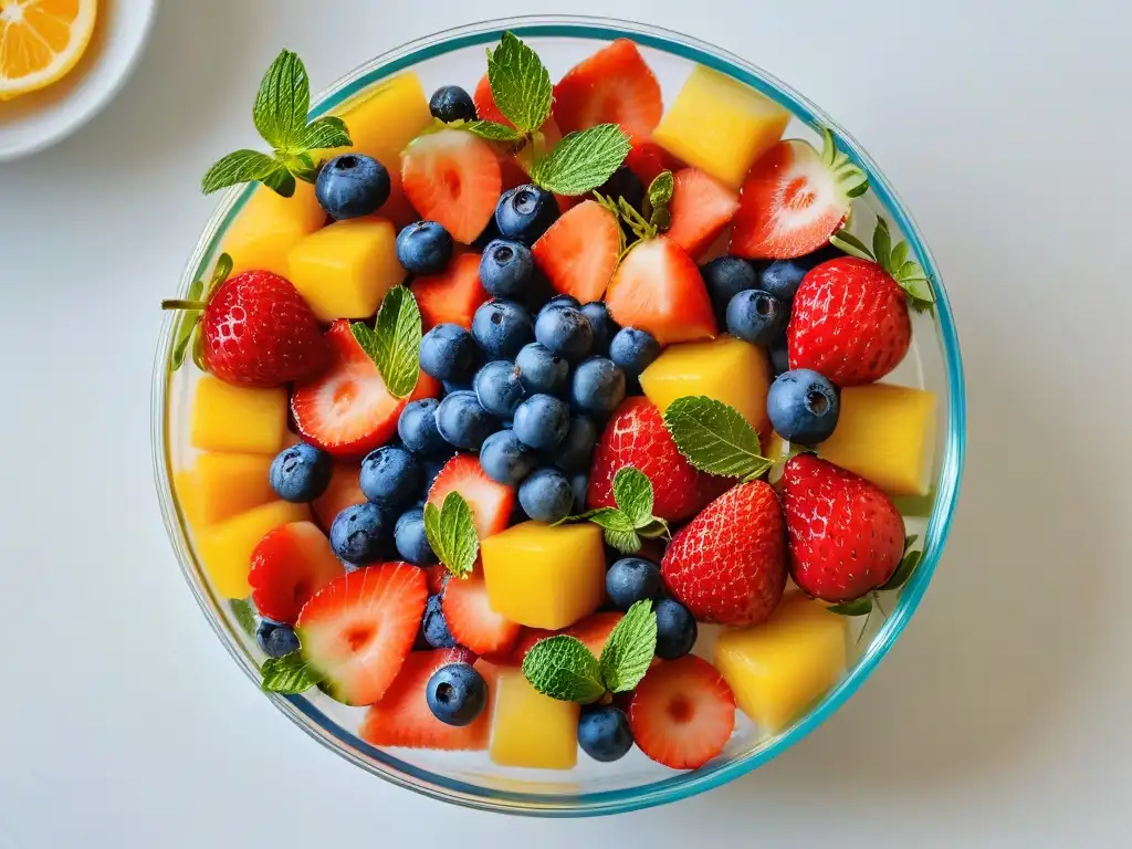 Una ensalada de frutas vibrante y colorida en un bol de cristal moderno, perfecta para postres refrescantes en barbacoas de verano