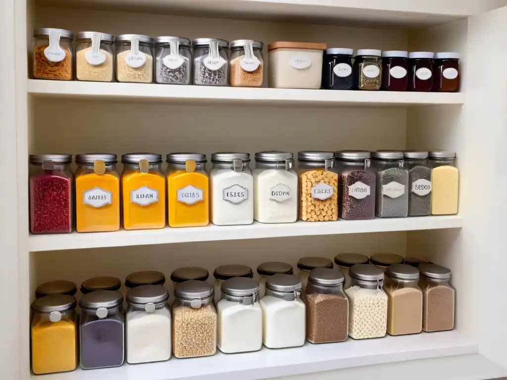 Pantry organizado con tarros de cocina elegantes y coloridos Un rincón de ensueño para la repostería creativa: despensa organizada con frascos de vidrio etiquetados y coloridos ingredientes