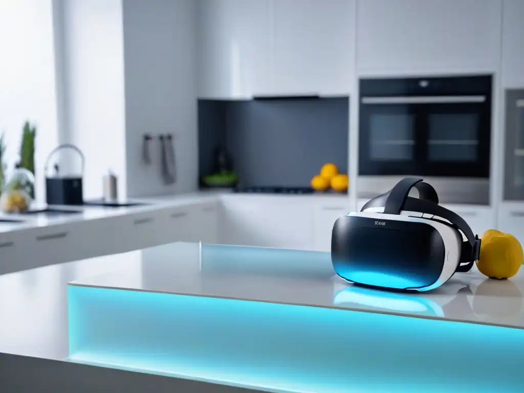 Un entorno futurista en una cocina, con un auricular de Realidad Virtual iluminado en la encimera