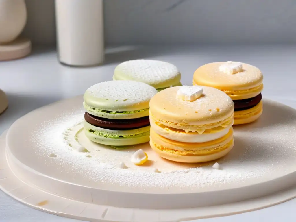 Un macaron perfectamente equilibrado, con una superficie suave y brillante, sobre una encimera de mármol blanco