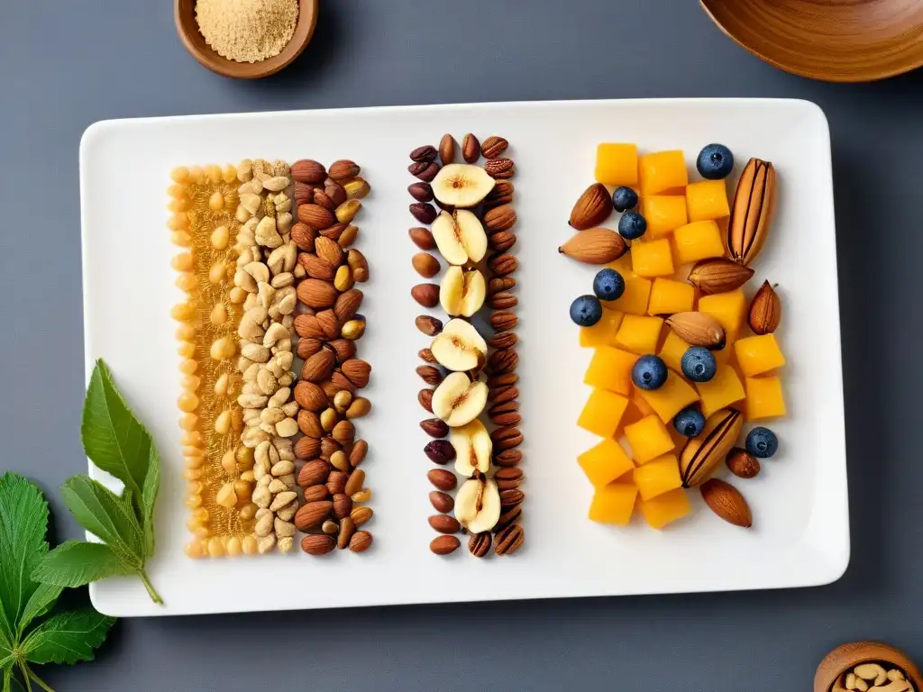Equilibrio perfecto: escala con frutos secos y frutas secas detallados, resaltando balance de sabores en repostería