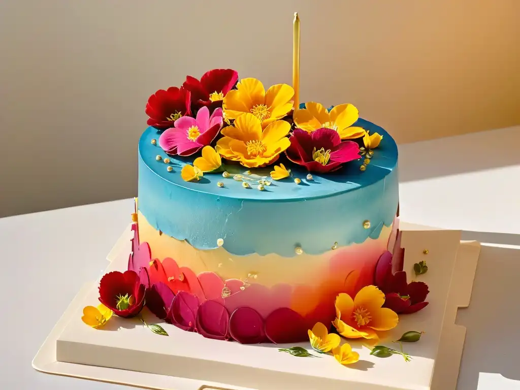 Equilibrio de sabores y colores en repostería arte: pastel decorado con capas de frosting en degradado, flores comestibles y hojas doradas