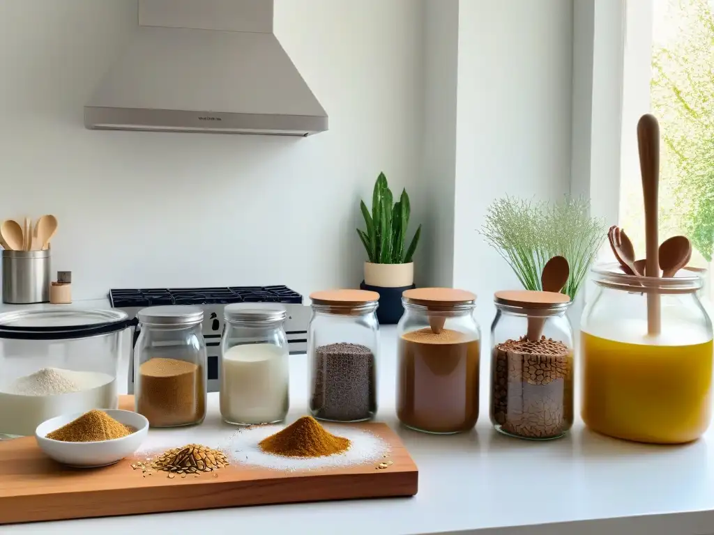 Equipamiento esencial repostería vegana: Detalle de una cocina moderna con utensilios y ingredientes veganos