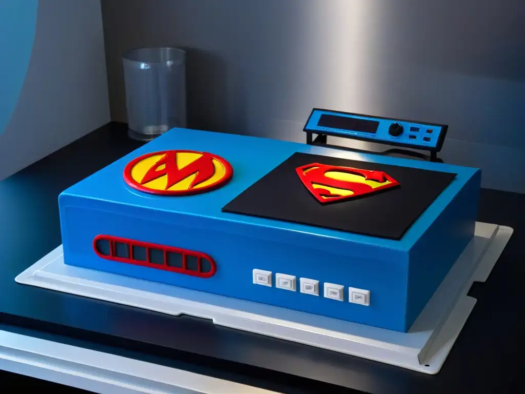 Equipamiento repostería superhéroes del sabor: Cocina minimalista con toques superheroicos y tecnología avanzada en iluminación suave