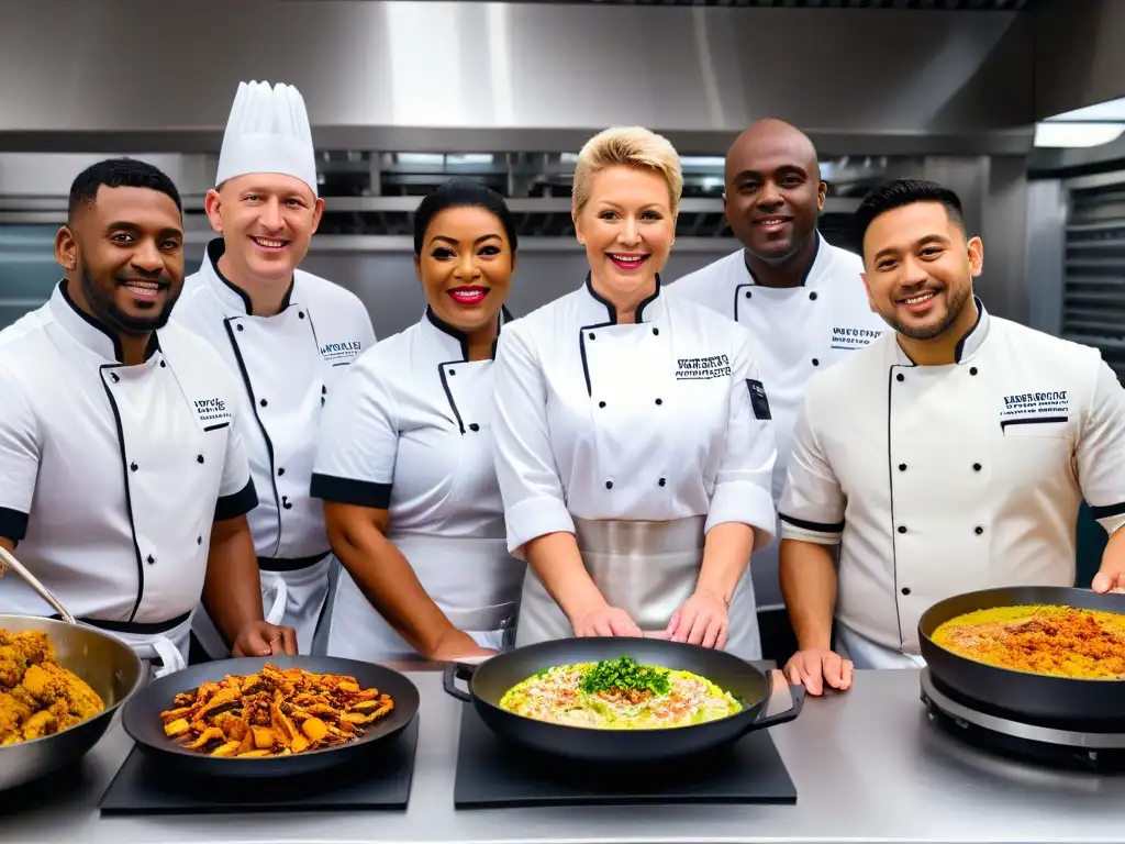 Un equipo diverso de chefs discapacitados adaptando recetas con precisión y creatividad en la cocina profesional, mostrando determinación y alegría en sus rostros