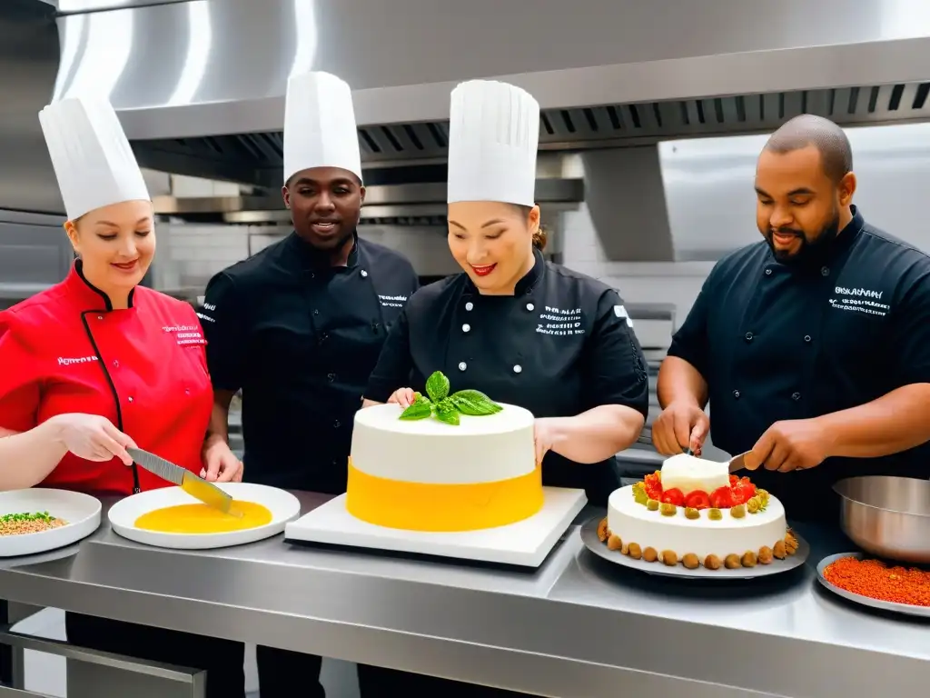 Un equipo diverso de chefs discapacitados adaptando recetas con alegría en una cocina moderna